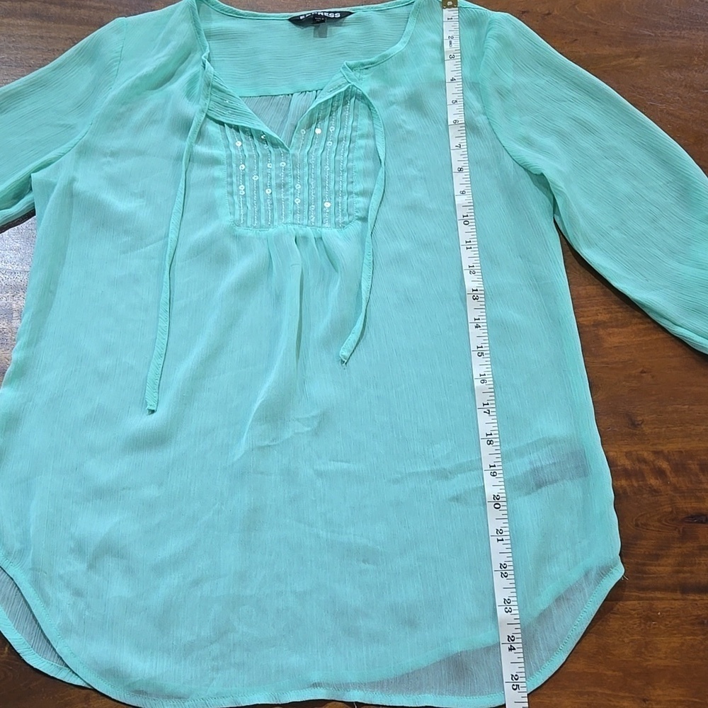 Express Mint Sequin Sheer Chiffon Rolled Cuff Boho Peasant Top Size XS - Picture 10 of 11